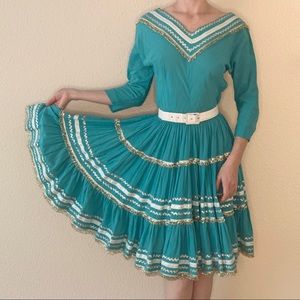 Vintage Teal Patio Dress, Full Skirt, Gold Trim